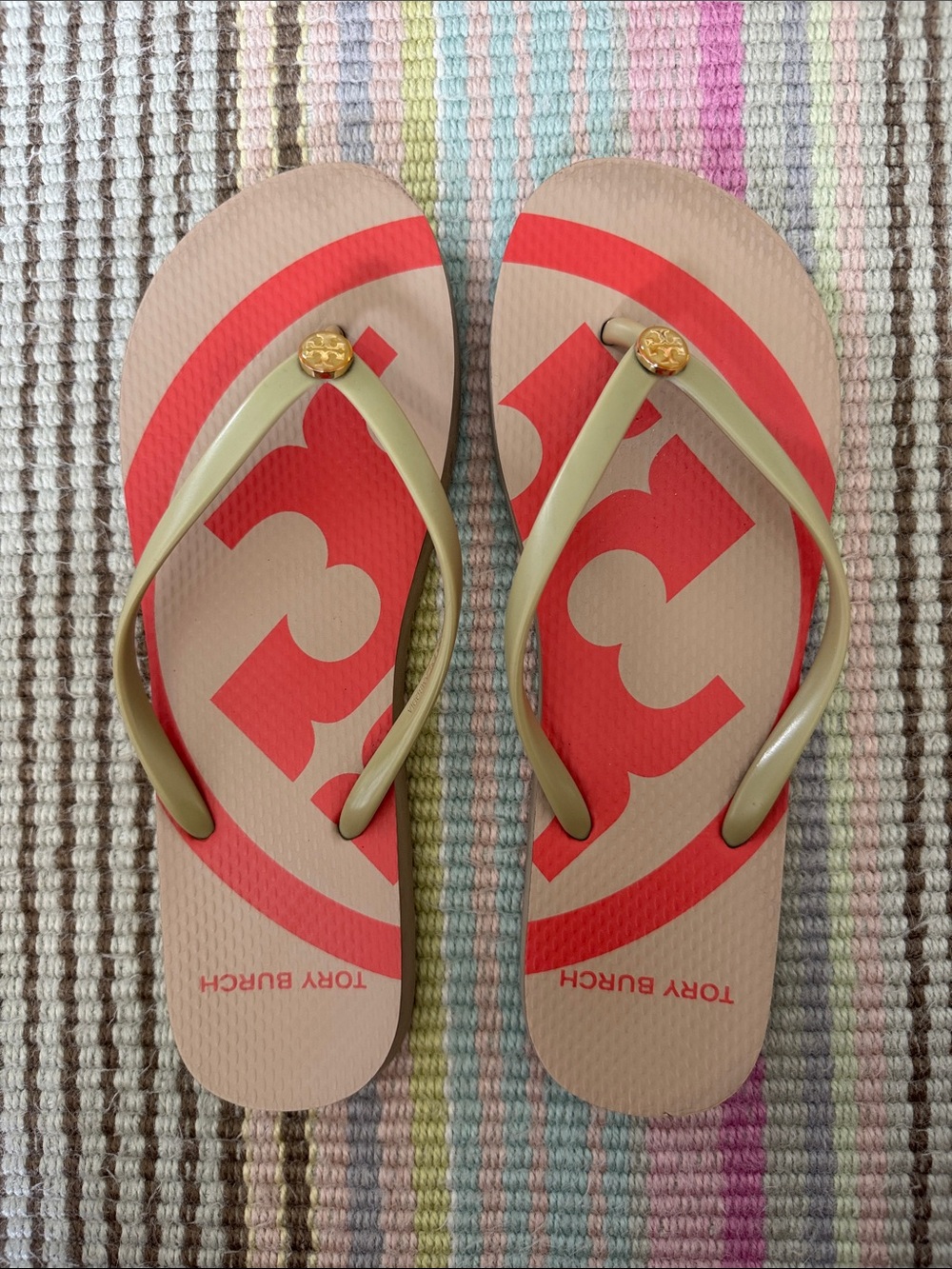 Tory Burch Coral Logo Beige Flip Flops with Olive Straps